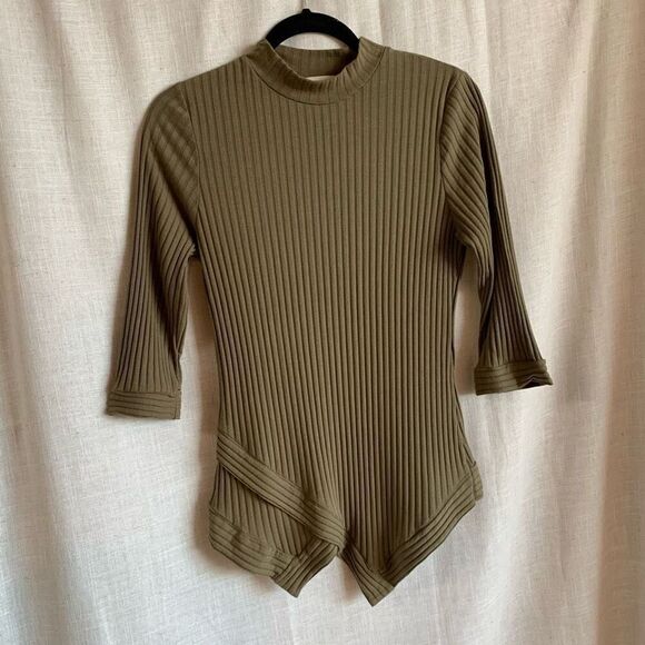 Monteau Womens XL Olive Green Knit Sweater Ribbed Quarter Sleeve Mock Neck - Picture 1 of 12